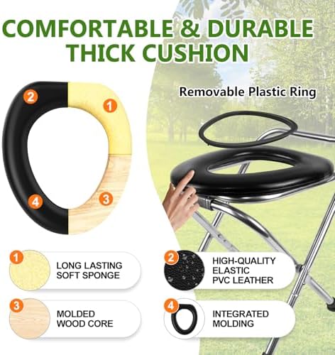 BLIKA Portable Toilet for Camping, 350LBS Stainless Steel Foldable Camp Travel Toilet with Soft Seat for Adults, Portable Potty for Camping, RV Travel, Road Trips, Includes Waste Bags with Gel