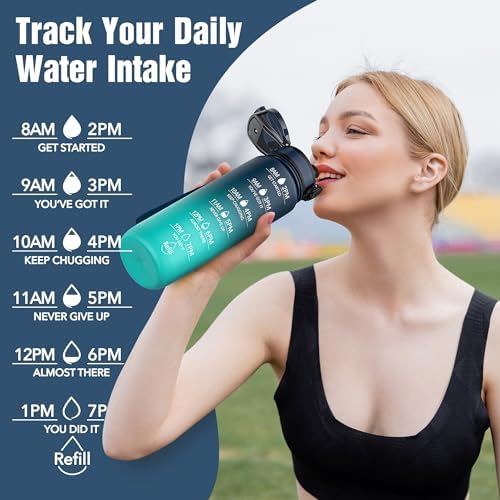 OLDLEY Water Bottle, 32oz Motivational Sports Water Bottle with Time Marker - Times to Drink - Tritan, BPA Free, Wide Mouth Leakproof, Navy Blue Green (1 Bottle)