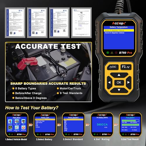 Acclope BT60 Pro Car Battery Tester, Digital Analyzer with Cloud Printing, 100-3000 CCA Range for 6V/12V/24V AGM, Lithium, Gel Batteries, Automotive Charging System