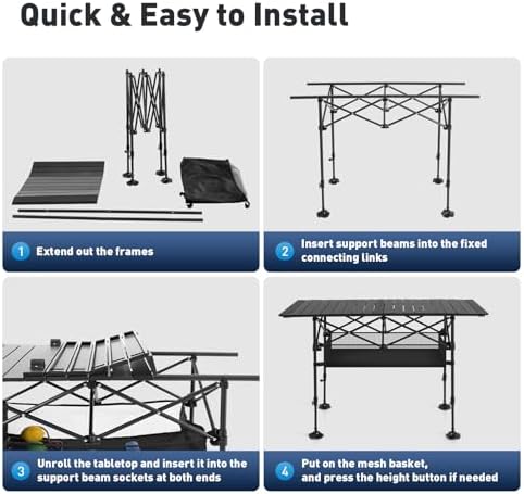 ALPHA CAMP Folding Camping Table, Portable Roll-up Outdoor Table with Adjustable Height, Large Storage Bag and Carrying Bag, Tall Aluminum Table for Indoor & Outdoor Picnic BBQ Backyards Beach