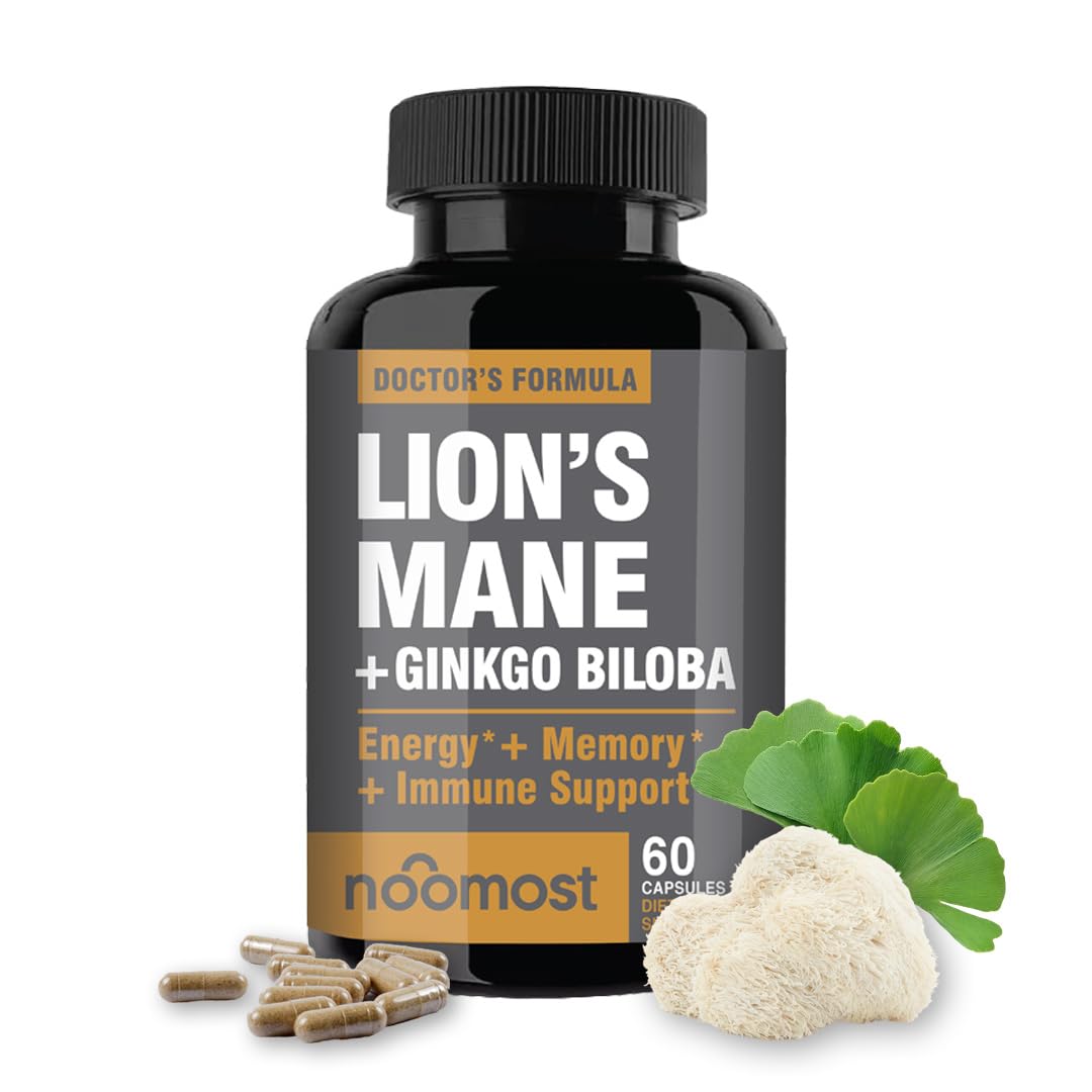 NooMost Lions Mane Supplement Organic Capsules - With Ginkgo Biloba - Cognitive Health, Focus & Memory Support - Natural Superfood for Brain, Energy & Immune Health - Non GMO- 60 Caps - 2 Month Supply