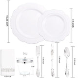 NOCCUR 175pcs Silver Plastic Plates - Silver Rim Plastic Tableware Include 25 Dinner/Dessert Plates, 25 Forks, 25 Knives, 25 Spoons for Wedding/Party/Christmas