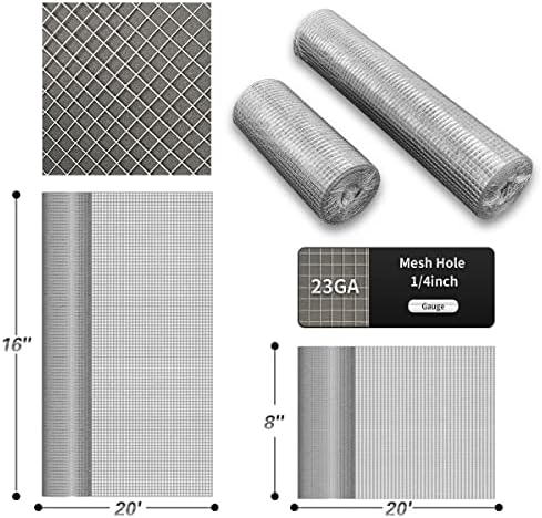 Hardware Cloth 8'' x 20' 1/4 in Galvanized Wire Mesh Roll (23 GA) Chicken Wire Fence Roll for Chicken Pen/coop Fences, Screen mesh, Rabbit/Snake Fences, Poultry enclosures, Handicraft Making, etc.