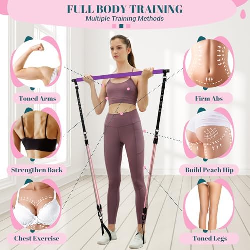Pilates Bar Kit with Resistance Bands, Multifunctional Yoga Pilates Bar with Heavy-Duty Metal Adjustment Buckle, Portable Home Gym Pilates Resistance Bar Kit for Women Full Body Workouts