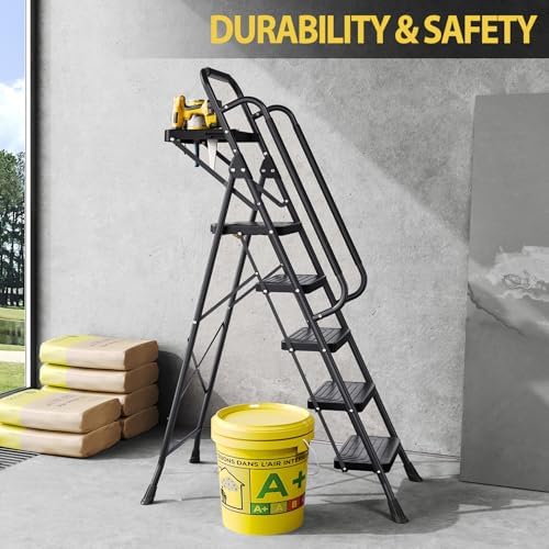 KINGRACK 5 Step Ladder, Sturdy Steel Step Stool with Anti-Slip Wide Pedals, Handrail, Safe-Lock Design, Pass 800lbs Load Testing, Folding Portable Ladder for Multi-Purpose, Home, Kitchen, Black
