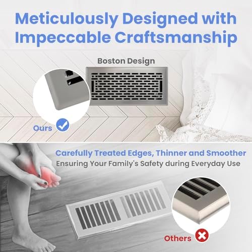 4x10 Inches Heavy Duty Walkable Floor Register - Easy Adjust Air Supply Lever Decorative Floor Vent Covers - Boston Design Vent Covers for Home - Satin Nickel