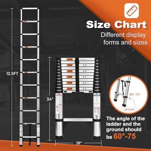 Soctone Telescoping Ladder, 12.5 FT Aluminum Button Retraction Extension Ladder with 2 Triangle Stabilizers, Multi-Purpose Ladder with Slow Down Design, 330lbs Max Capacity for House Daily Life