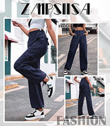 ZMPSIISA Women High Waisted Cargo Pants Wide Leg Casual Pants 6 Pockets Combat Military Trousers