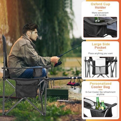 Romswi Oversized Camping Chairs,Heavy Duty Support 500 LBS,Padded Back & Arm Sport Chairs, Cup Holder Cooler Bag, Collapsible Folding Chairs for Outdoor, Fishing & Garden