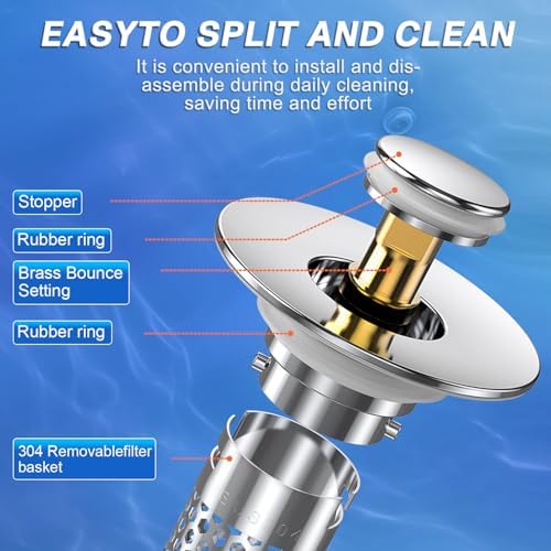 Bathroom Sink Stopper Hair Catcher, Pop-up Sink Drain Strainer with Removable Stainless Steel Strainer Basket Hair Catcher, Bathroom Sink Strainer for Bathroom Sink Stopper Replacement.(New-2PCS)