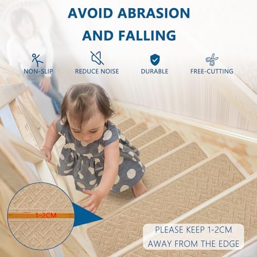 Stair Treads for Wooden Steps Indoor, 15 Pack 8" X 30" Non Slip Carpet Stair Treads with Reusable Adhesive for Kids Elders and Dogs, Surface Polyester TPR Backing Stair Rugs