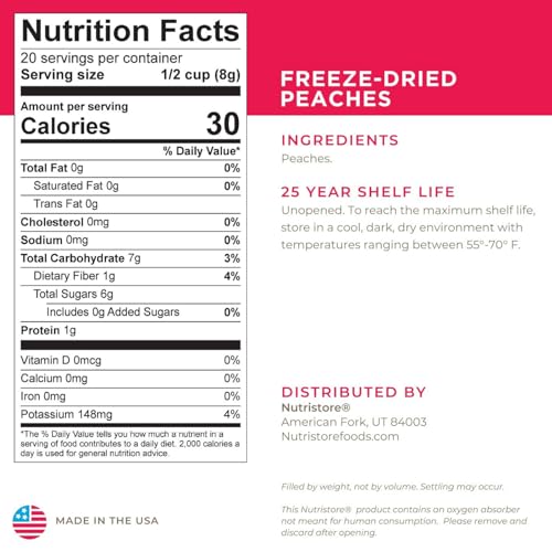 Nutristore Freeze Dried Peaches | 100% Natural, Healthy Fruit Snacks | Bulk #10 Can | Premium Quality & Crispy Fresh Taste | Emergency Survival Food Supply | 24 Servings | 25 Year Shelf Life