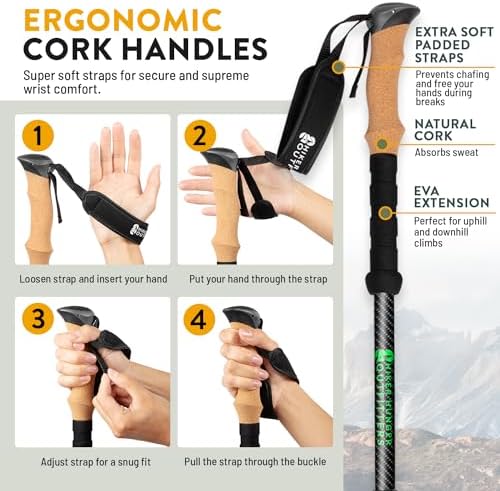 100% Carbon Fiber Trekking Poles by USA Brand - Ultra Strong Lightweight Collapsible Hiking Poles with Cork and EVA Foam Grips & Quick Adjustable Flip Locks