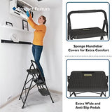 BONTEC 3-Step Ladder, Folding Step Stool, 600lbs Max Load Capacity, Sturdy Steel, Non-Slip Pedals, Lightweight, Portable Steel Ladder with Convenient Handrail, Safety Design for Home & Work, Black