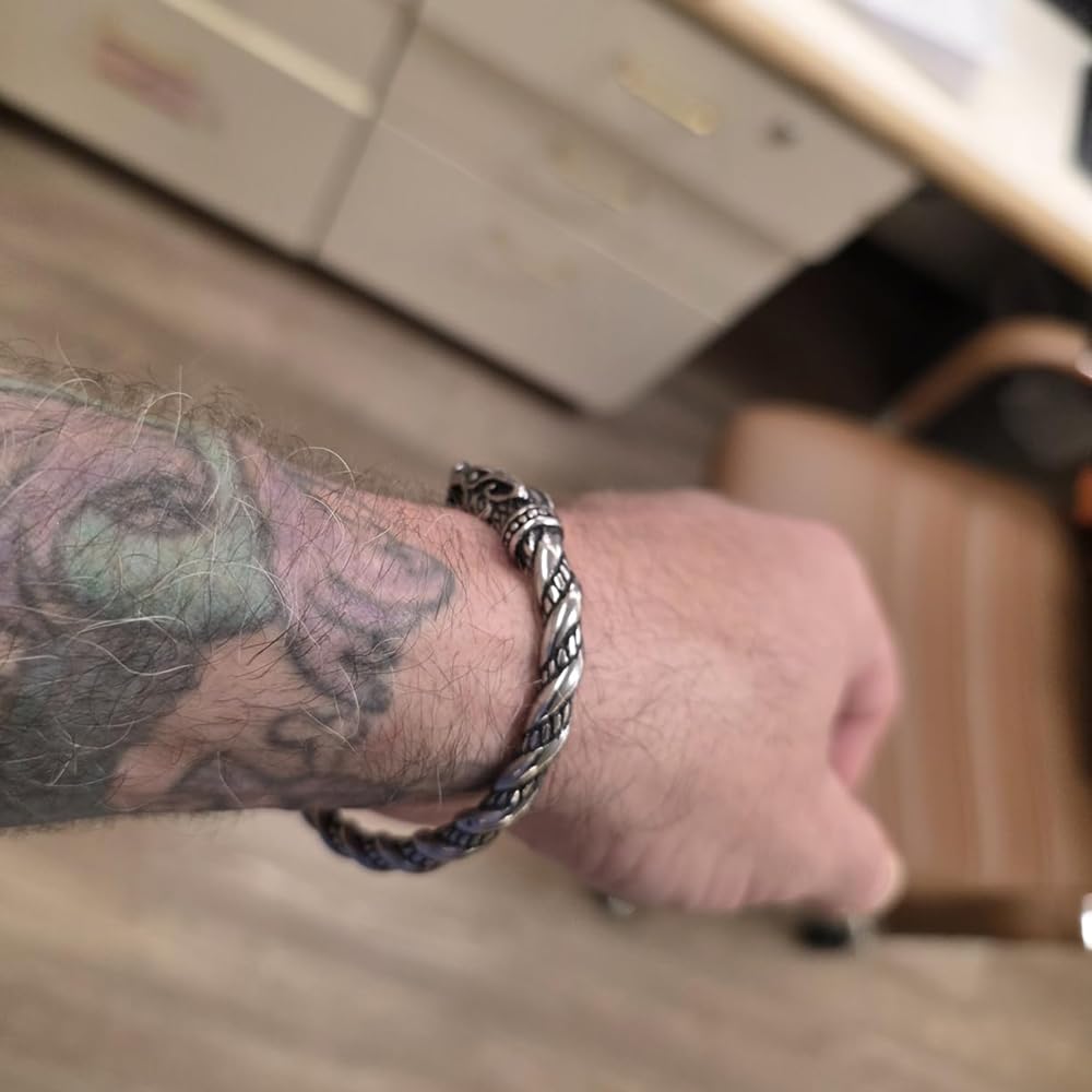 TURTLEDOVE Viking Wolf Fenrir Bangle - Adjustable Stainless Steel Norse Scandinavian Torc