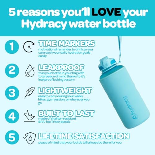 Hydracy Water Bottle with Time Marker -Large BPA Free Water Bottle & No Sweat Sleeve -Leak Proof Gym Bottle with Fruit Infuser Strainer & Times to Drink -Ideal for Fitness Sports & Outdoors
