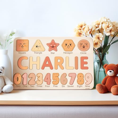Personalized Wooden Name Puzzle with Numbers and Shapes, Custom Gift for Baby, 1st, Newborn Gift, Baby Shower, 1st Birthday, Educational Toys for Toddlers, Preschool Puzzle for Kids