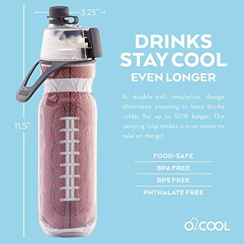 O2COOL Mist N Sip 2-in-1 Misting Water Bottle, 20 oz (2 Pack Football), Reusable Sports Bottle with Pull Top Spout & High Flow Rate - BPA Free, Insulated, Lightweight