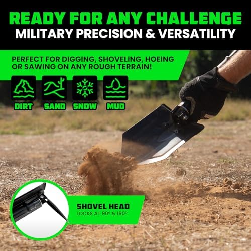 Rhino USA Survival Shovel w/Pick - Heavy Duty Carbon Steel Military Style Entrenching Tool for Off Road, Camping, Gardening, Beach, Digging Dirt, Sand, Mud & Snow. (Recovery Shovel)
