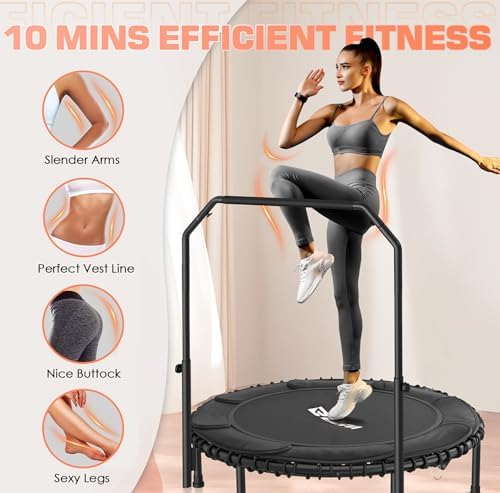 BCAN 450/550 LBS Foldable Mini Trampoline, 40"/48" Adult Fitness Trampoline with Bungees, U Shape Adjustable Foam Handle, Stable & Quiet Exercise Rebounder,Indoor/Outdoor Workout