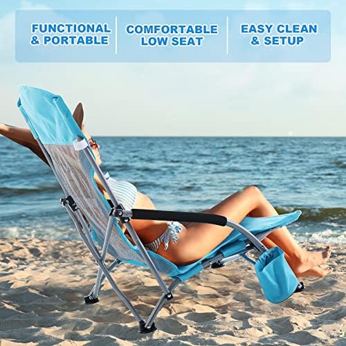 Huwena 2 Pack Beach Chair for Adult with 2 Umbrella Low Folding Chair Detachable Adjustable Lightweight with Armrests Cup Holder Carry Bag Portable for Sand Camping Travel Outdoor Pool (Blue)