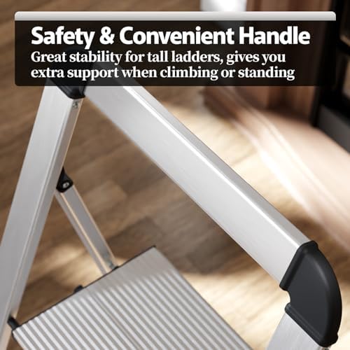 KINGRACK Aluminium 5 Step Ladder, Lightweight Step Stool with Non-Skid Pedals, Handrail, Foldable Step Ladder for Kitchen, Garage, Home, Space Saving, Sturdy and Portable, Silver