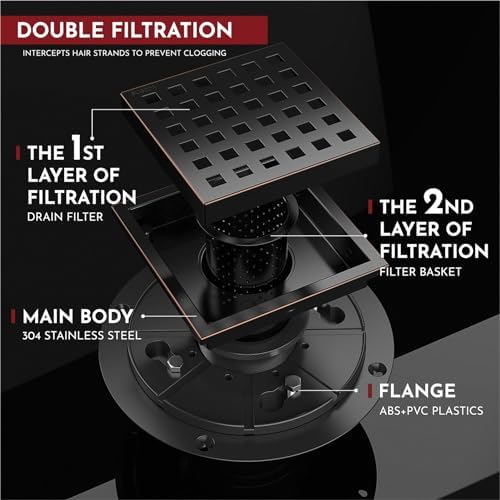 4 Inch Square Shower Floor Drain with Flange,Quadrato Pattern Grate Removable,Food-Grade SUS 304 Stainless Steel,Watermark&CUPC Certified,Oil Rubbed Bronze
