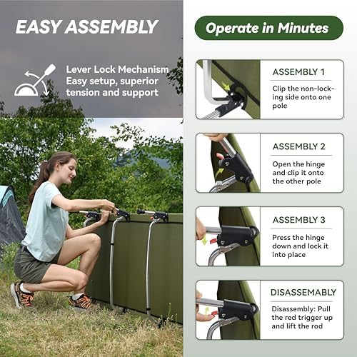 MARCHWAY Lightweight Folding Tent Camping Cot Bed with Lever Lock, Easy Setup Portable Compact for Outdoor Travel, Hunting, Hiking, Motorcycling, Support 330Lbs (Army Green)