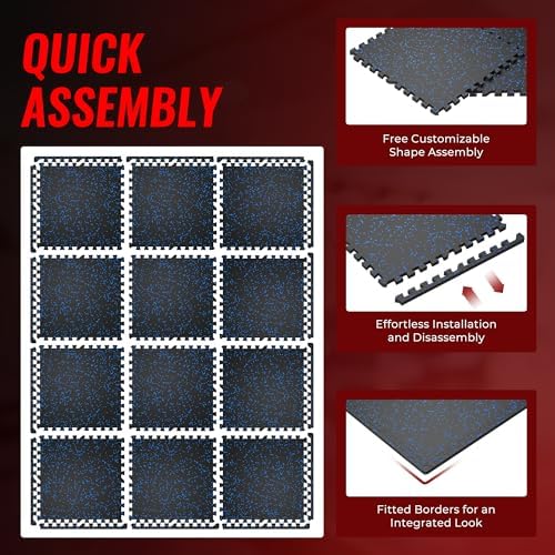 SUPERJARE 0.56'' Thick 12 Pcs 48 Sq Ft Rubber Top Exercise Equipment Mats, High Density EVA Foam Mats with Rubber Top, Interlocking Gym Flooring for Home Gym, Protective Workout Mat, Black/Blue