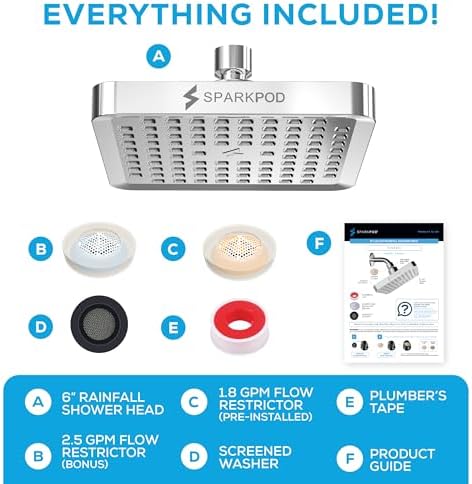 SparkPod Shower Head - High Pressure Rain - Premium Quality Luxury Design - 1-Min Install - Easy Clean Adjustable Replacement for Your Bathroom Shower Heads (Luxury Polished Chrome, 6 Inch Square)