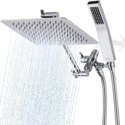 G-Promise All Metal 8 Inch Dual Square Shower Head with Handheld Spray Combo, Rain Shower Head, Adjustable Extension Arm, Smooth 3-Way Diverter, 71 Inch Extra Long Hose - A Bathroom Upgrade (Chrome)