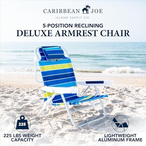 CARIBBEAN JOE Folding Beach Chair, 5 Position Portable Backpack Foldable Camping Chair with Headrest and Cup Holder Armrests, Bold Stripe