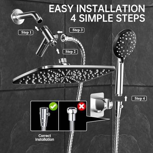 Veken 11.8 Rectangle Inch Rain Shower Head - Shower Heads with 6 Modes Handheld Spray Combo - Wide Rainfall shower with 70" Hose - 1.8gpm Dual Showerhead with Anti-Clog Nozzles - Chrome