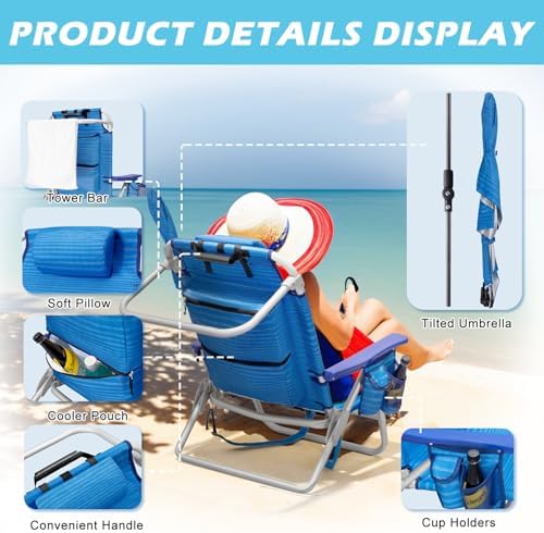 Beach Chair, Backpack Chairs for Adults with Adjustable Umbrella, Folding Beach Chairs with Storage Pouch, Cup Holder & Towel Rack, Adjustable Lounge Chair for Seaside, Blue