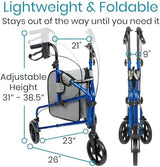 Vive Mobility 3 Wheel Walker - Three Wheeled Rollator for Seniors - Lightweight, Foldable, Narrow, Heavy Duty - for Elderly Men Women - Folding 3-Wheel Tri Scooter with Basket Bag (FSA HSA Approved)