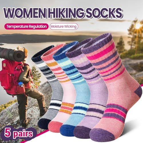 DoSmart Merino Wool Hiking Socks for Women Thermal Winter Warm Moisture Wicking Boot Work Cushion Gift Socks 5 Pairs