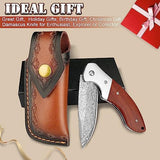 KOMWERO Damascus Pocket Knife, Sharp Damascus Steel Knife with Core VG10 Steel Blade Wood Handle, Folding Knife with Clip for Men Hunting, 60 HRC, Blade Length 3.34"