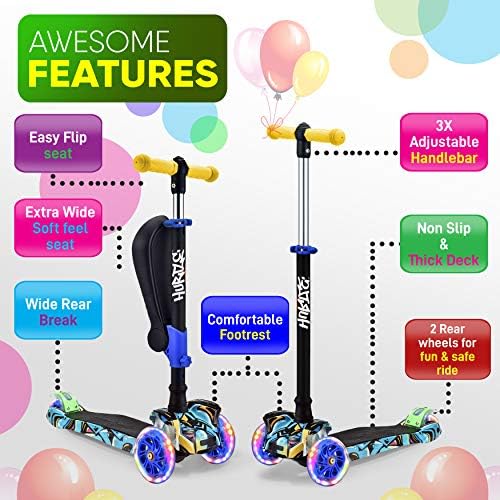 Hurtle 3-Wheeled Scooter for Kids - Wheel LED Lights, Adjustable Lean-to-Steer Handlebar, and Foldable Seat - Sit or Stand Ride with Brake for Boys and Girls Ages 1-14 Years Old