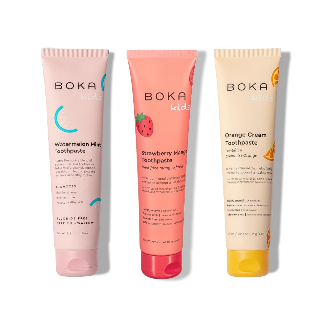 Boka Fluoride Free Toothpaste Nano Hydroxyapatite Toothpaste - Orange Cream, Watermelon Mint, Strawberry Mango Flavor, 4 oz 3Pk US Manufactured
