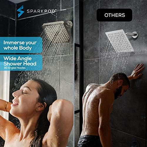 SparkPod Shower Head - High Pressure Rain - Premium Quality Luxury Design - 1-Min Install - Easy Clean Adjustable Replacement for Your Bathroom Shower Heads (Elegant Brushed Nickel, 6 Inch Square)