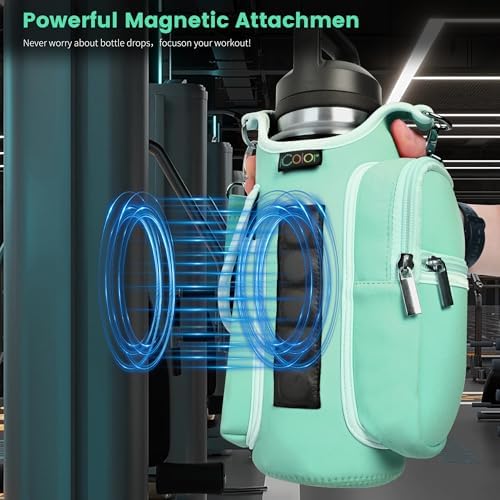 icolor Magnetic Gym Bag Water Bottle Carrier Holder with Phone Pockets & Shoulder Strap,5 Built-in Magnets Gym Bottle Pouch Sleeve,Magnetic Bag Gym Accessories Organizer for Men Women