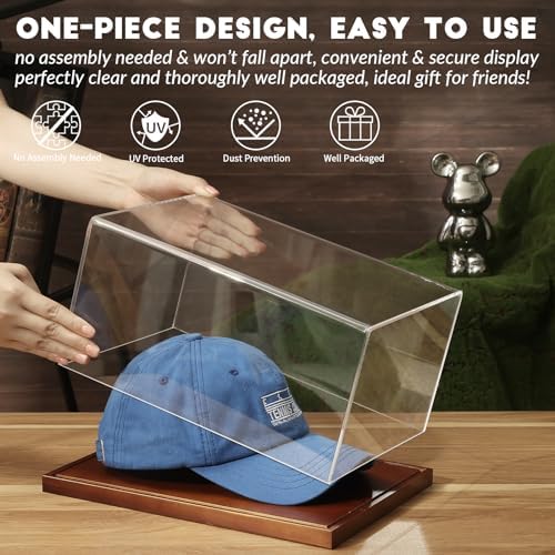 JupDec Hat Display Case, Clear Acrylic Baseball Cap Display Box Stand, UV Protection Signed Hat Transparent Showcase with Solid Wood Base Risers & Hat Shaper, Ideal Gift for Caps Collector