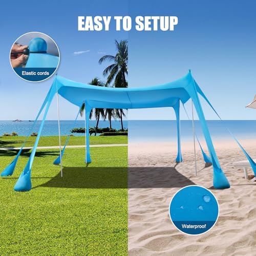 Beach Tent Sun Shelter, Beach Shade Canopy UPF50+, 10x10ft Canopy Tent with 8 Sandbags, Sand Shovels, Ground Pegs & Stability Poles, Pop Up Shade Tent for Beach, Camping, Fishing
