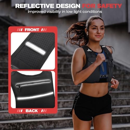 Running Vest for Women Men, Lightweight Breathable Hydration Vest with 500ml Soft Flask, Adjustable Reflective Running Vest with Pockets for Trail Running Hiking