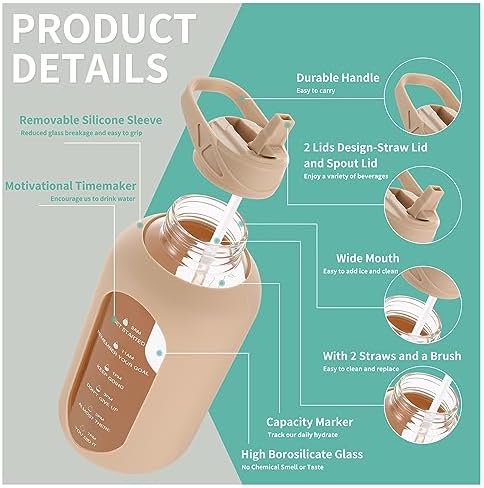 CIVAGO 64 oz Glass Water Bottle Jug with Straw and Handle, Half Gallon Sports Motivational Bottle with Time Marker and 2 Lids, Large Flask Canteen with Silicone Sleeve for Gym, Beige