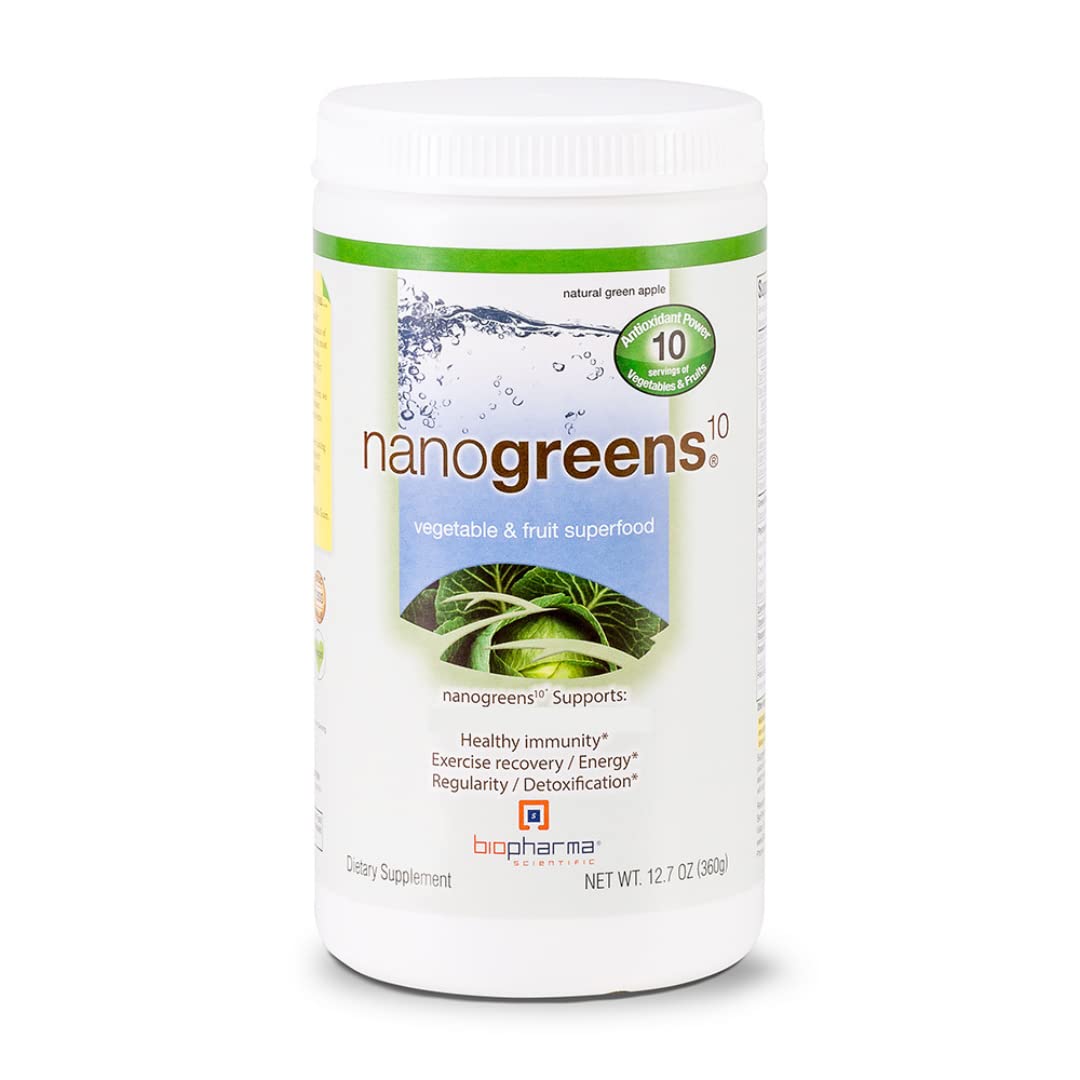 Biopharma Scientific NanoGreens: Greens Superfood Fruit & Vegetable Powder for Digestive Health & Immunity with Spirulina, Chlorella, Kale, Spinach, Plant Based, Green Apple Flavor, 30 Servings