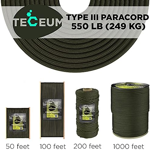 TECEUM 5/32" Paracord Rope 1000 – 1000ft / 200ft / 100ft / 50ft – Tactical Parachute Cord 4mm – 45+ Colors – Nylon String for Survival & Camping Gear – Stripe Cord for Survival – Utility Rope
