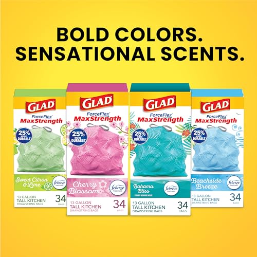 Glad ForceFlex MaxStrength Tall Kitchen Trash Bags, 13 Gal, Beachside Breeze, 90 Ct, Pack May Vary