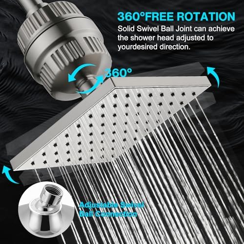 Cobbe High Pressure Filtered Shower Head Combo, Rain Shower Head with 20 Stage Shower Head Filter for Hard Water - Adjustable Replacement Remove Chlorine and Harmful Substances, Brushed Nickel