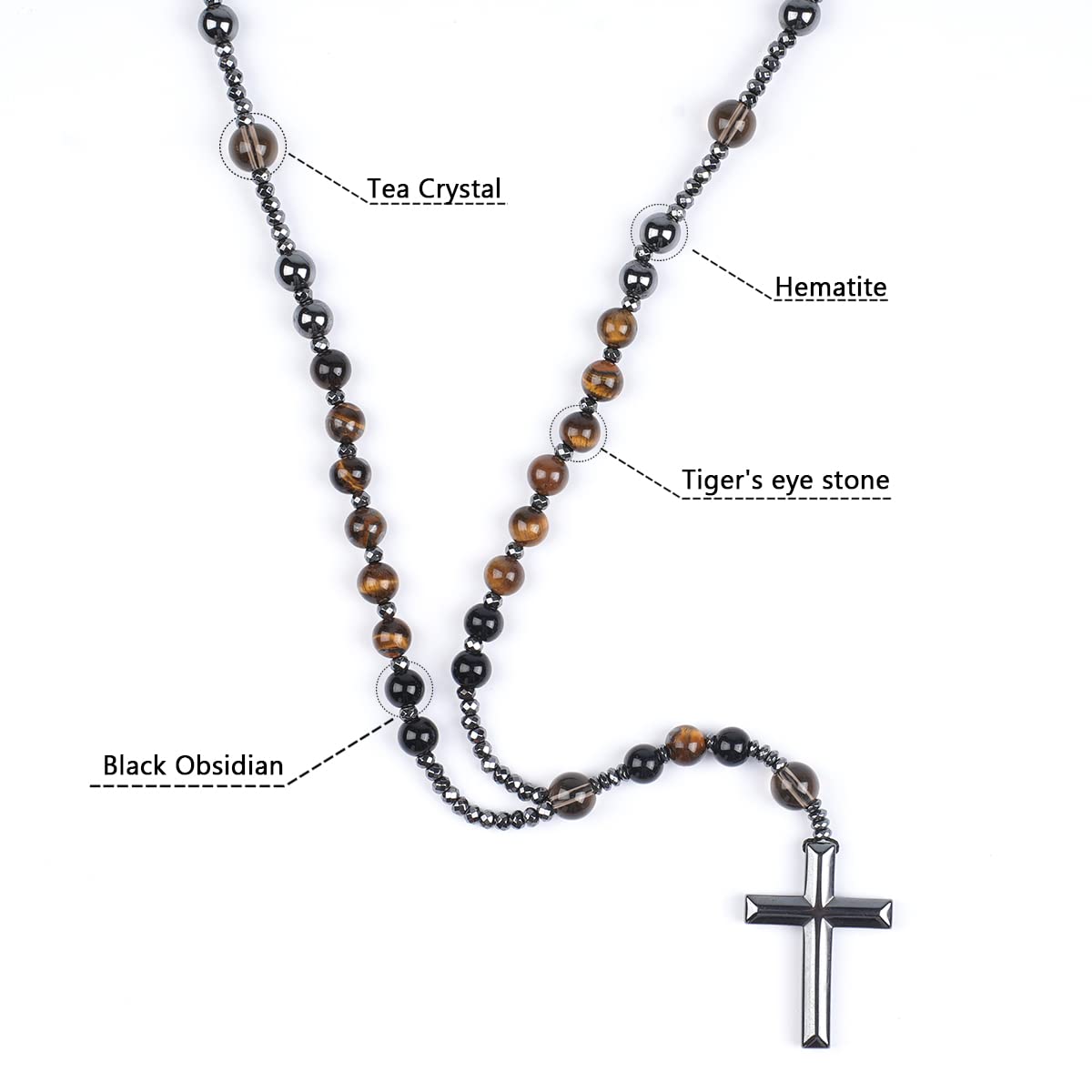 LIYAPEI Rosary Necklace, Catholic Rosary Beads with Tiger Eye, Obsidian, and Hematite for Women and Men Triple Protection Necklace An Anxiety Relief Beaded Necklace. (Tiger Eye Red)